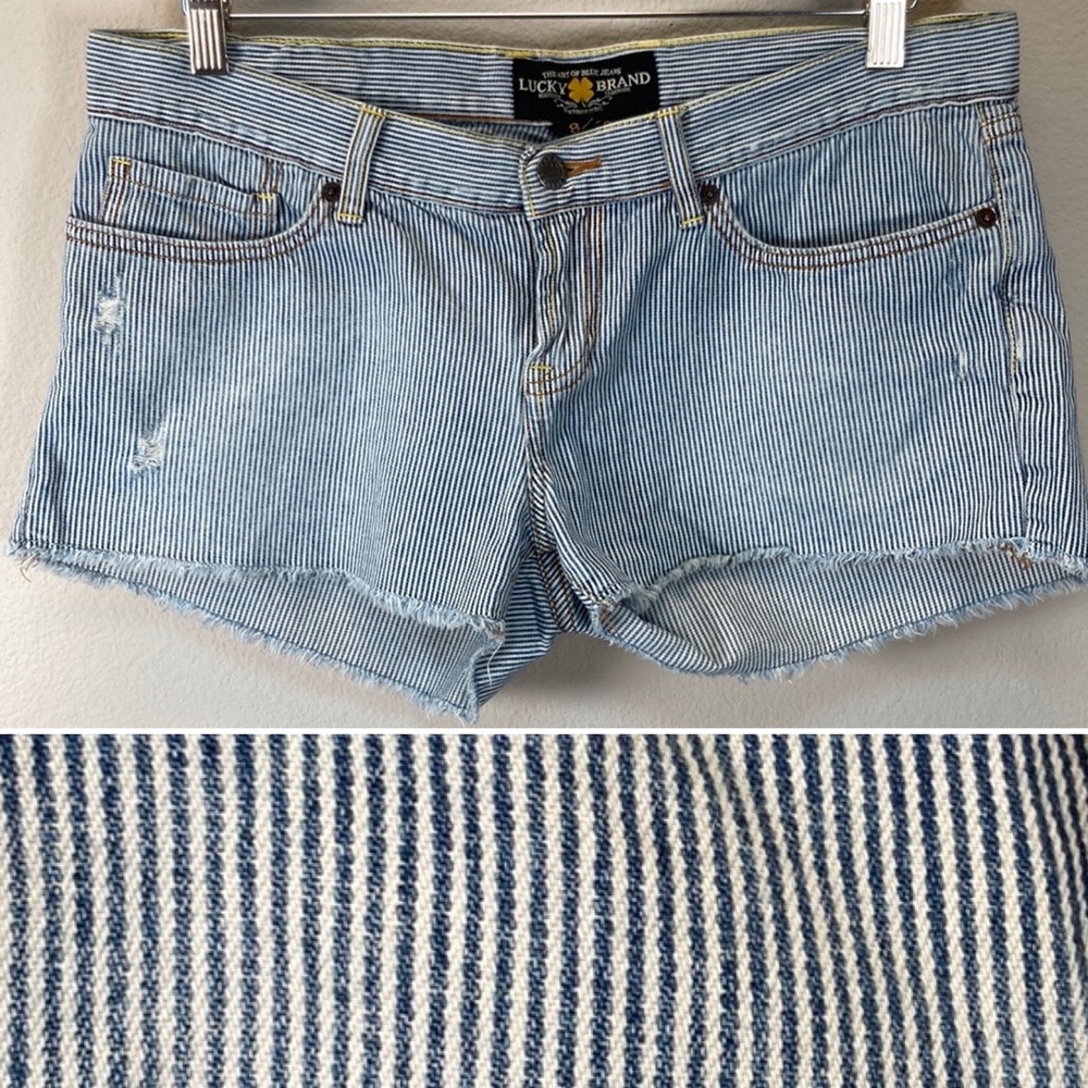 Lucky Brand Riley Distressed Denim Cutoff Striped Jean Shorts, Sz 8